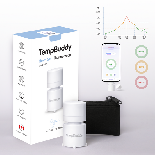 TempBuddy packaging, device, carry pouch and app fever chart
