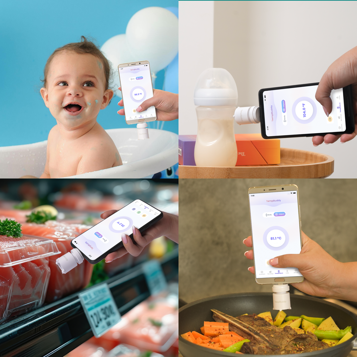 Object mode checking a bottle, bathwater and food