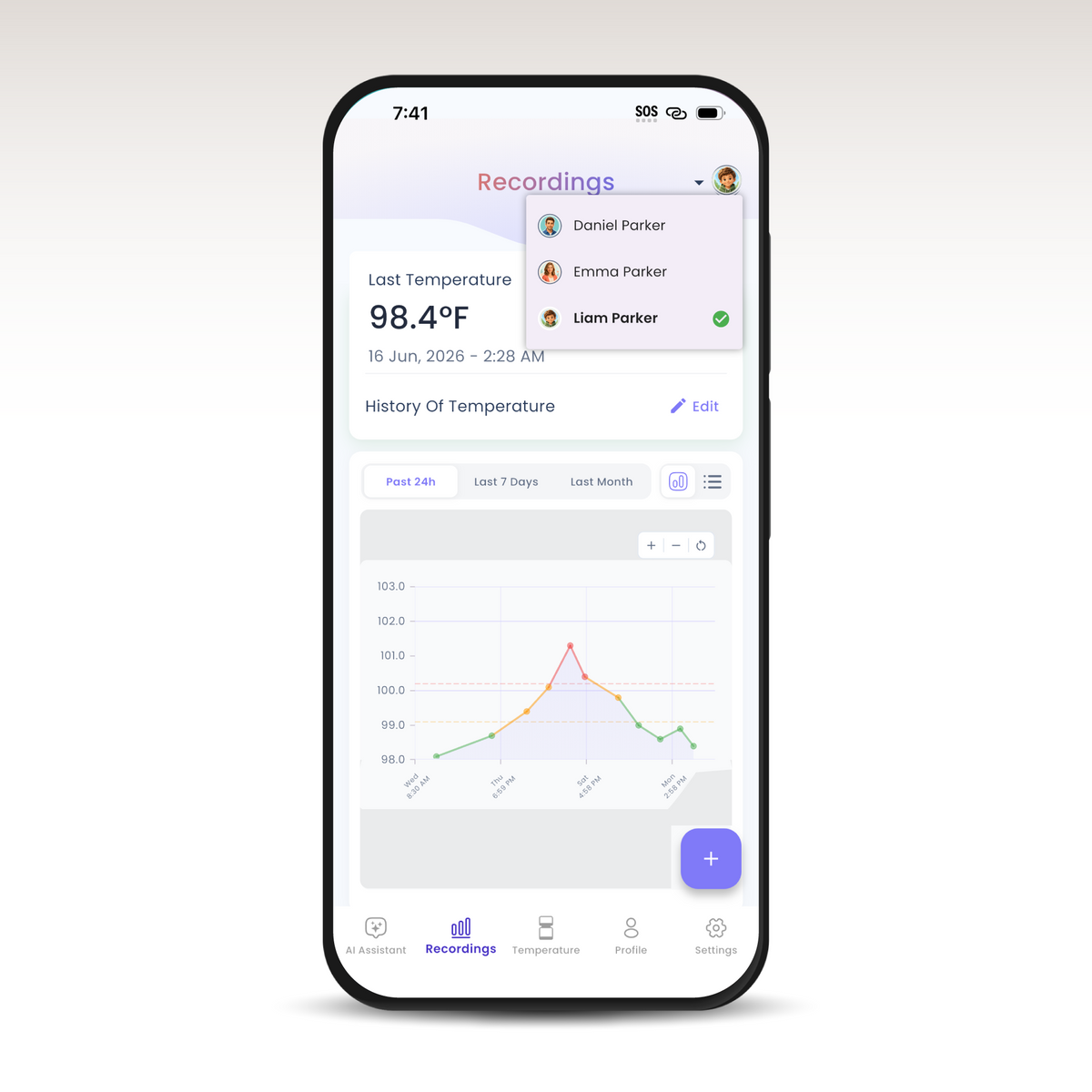 The TempBuddy app timeline and family profiles