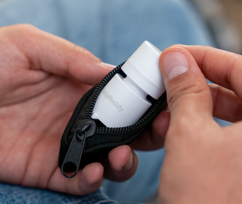 TempBuddy being slipped into its zip carry pouch
