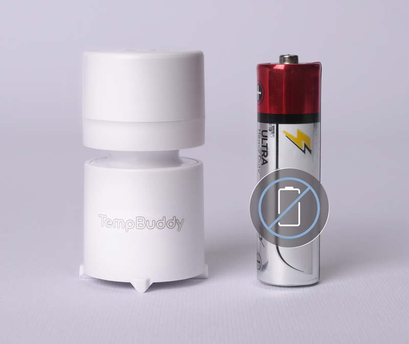 TempBuddy standing beside an AA battery for size comparison