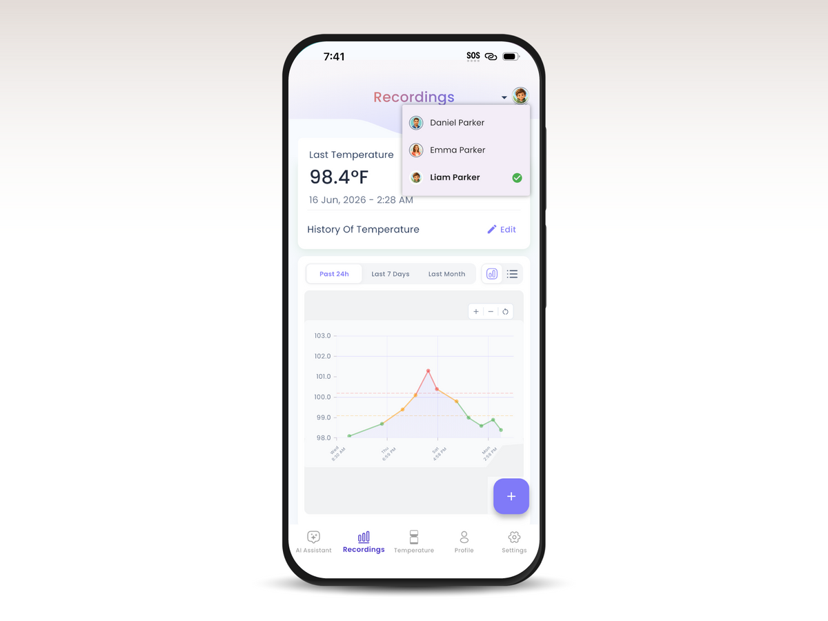 The TempBuddy app showing a fever timeline and family profiles