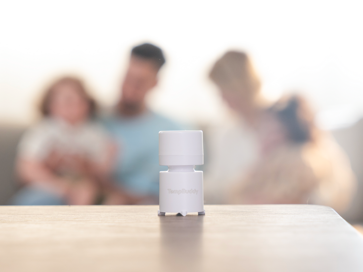 A TempBuddy device on a table with a family together in the background