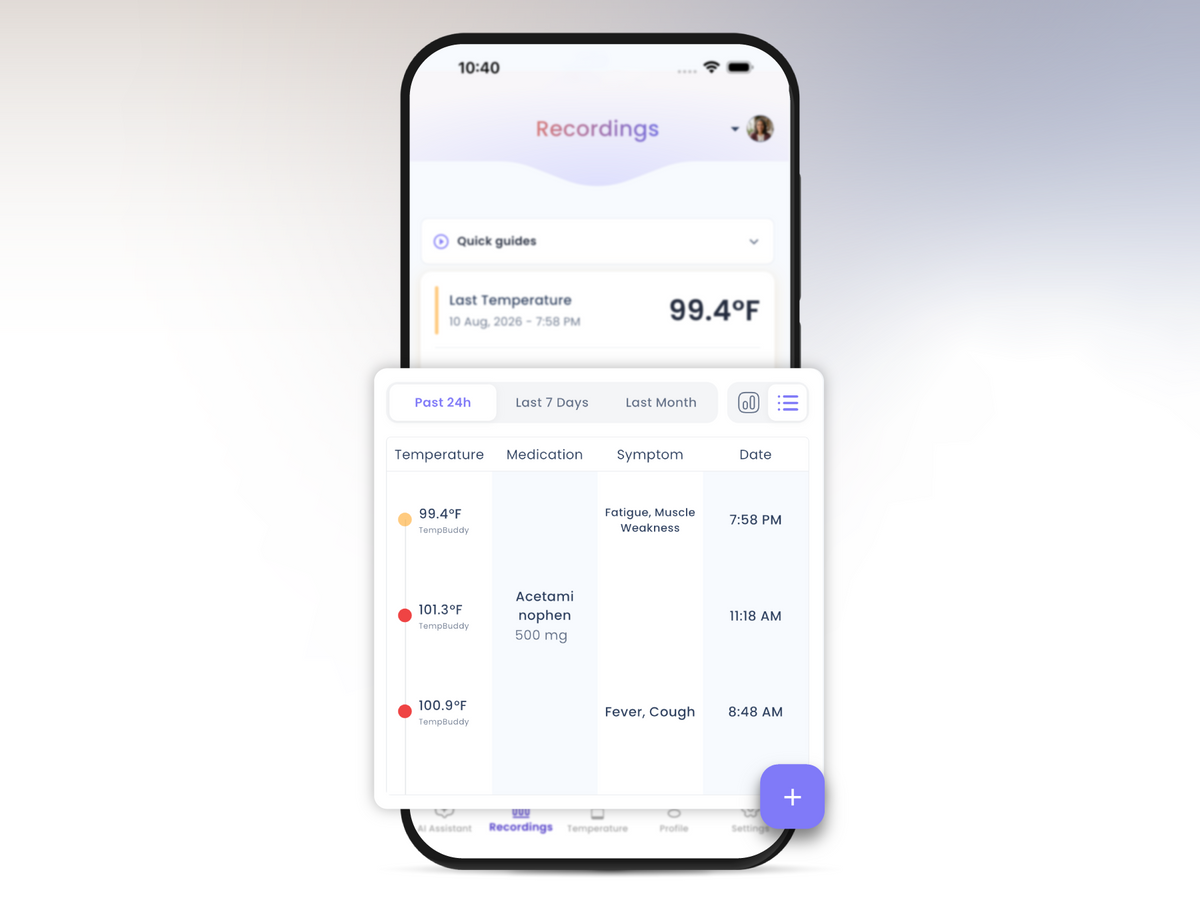 Logging symptoms and medications alongside temperatures in the app