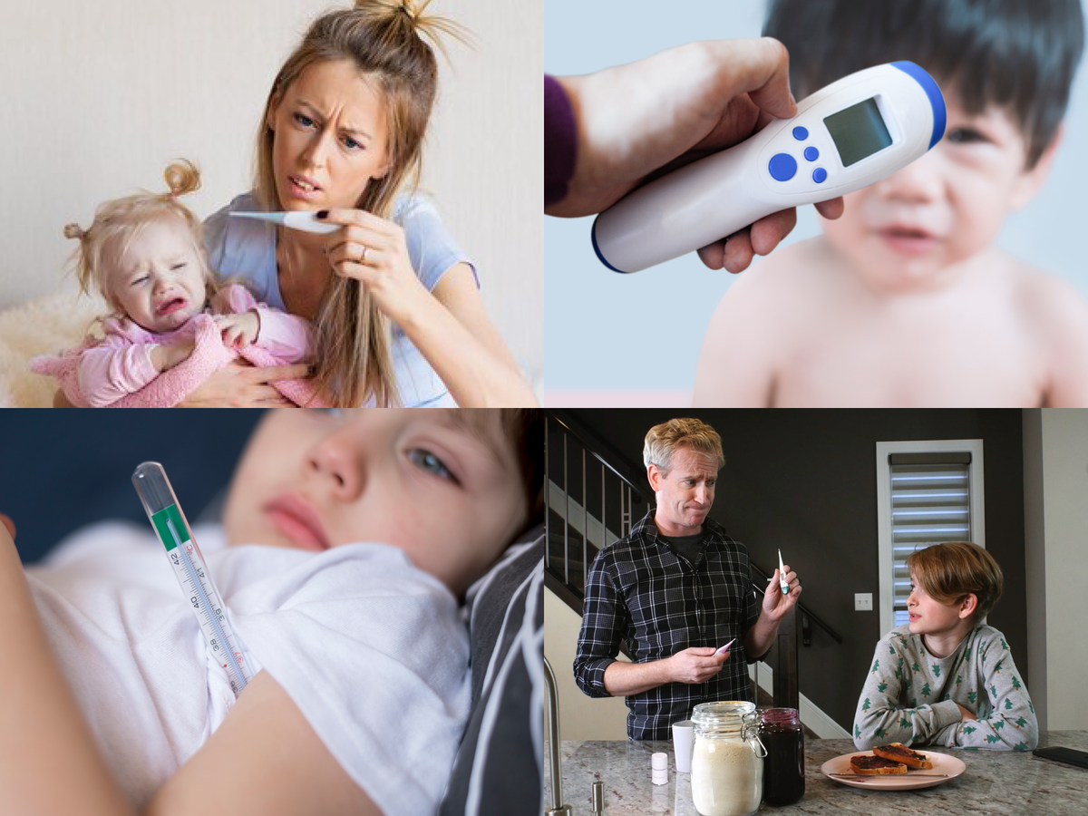 Four ways a temperature used to be taken: a stick thermometer, an infrared gun, a glass thermometer, and a father holding two old thermometers