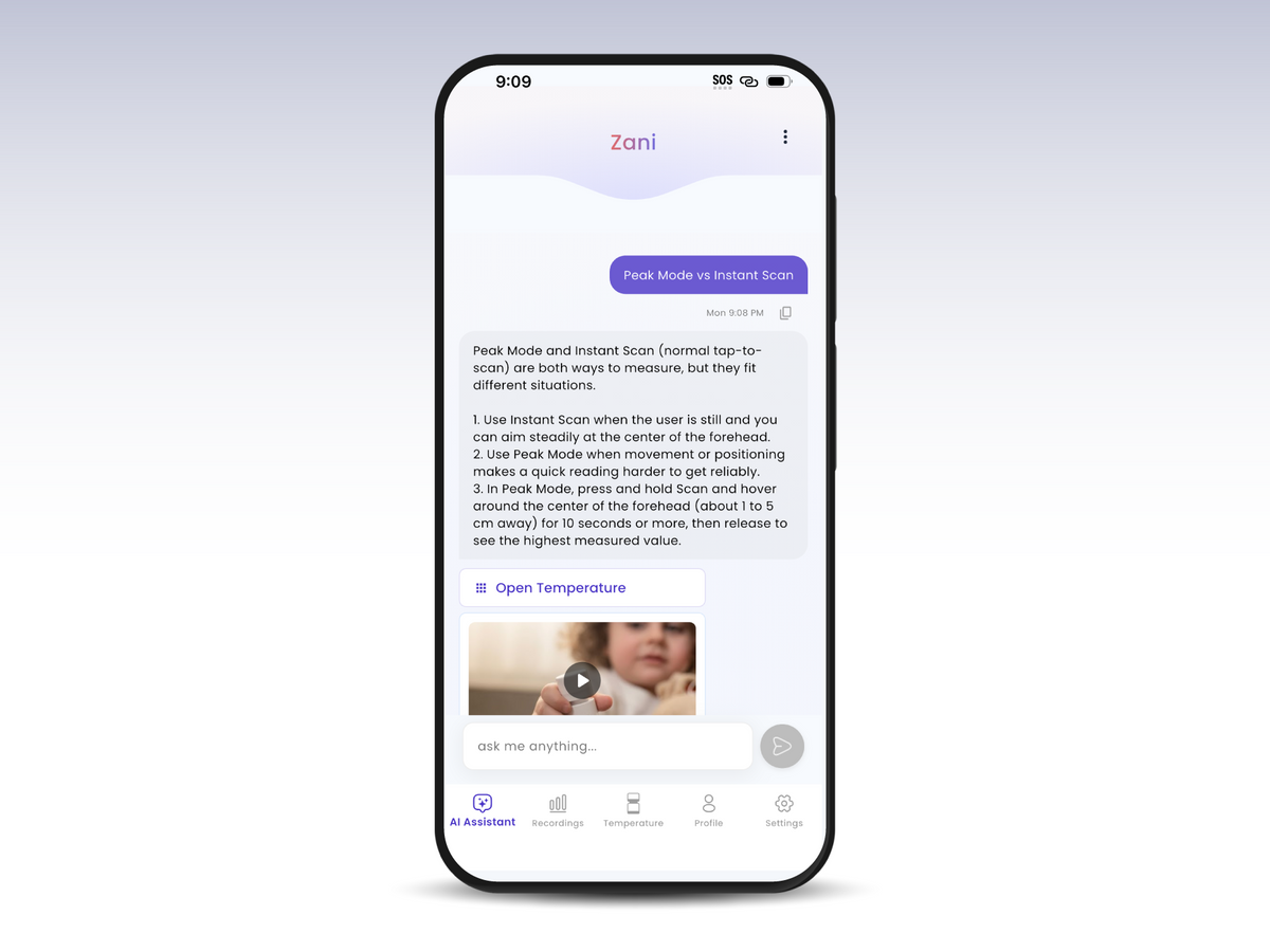 The Zani assistant answering a question inside the TempBuddy app